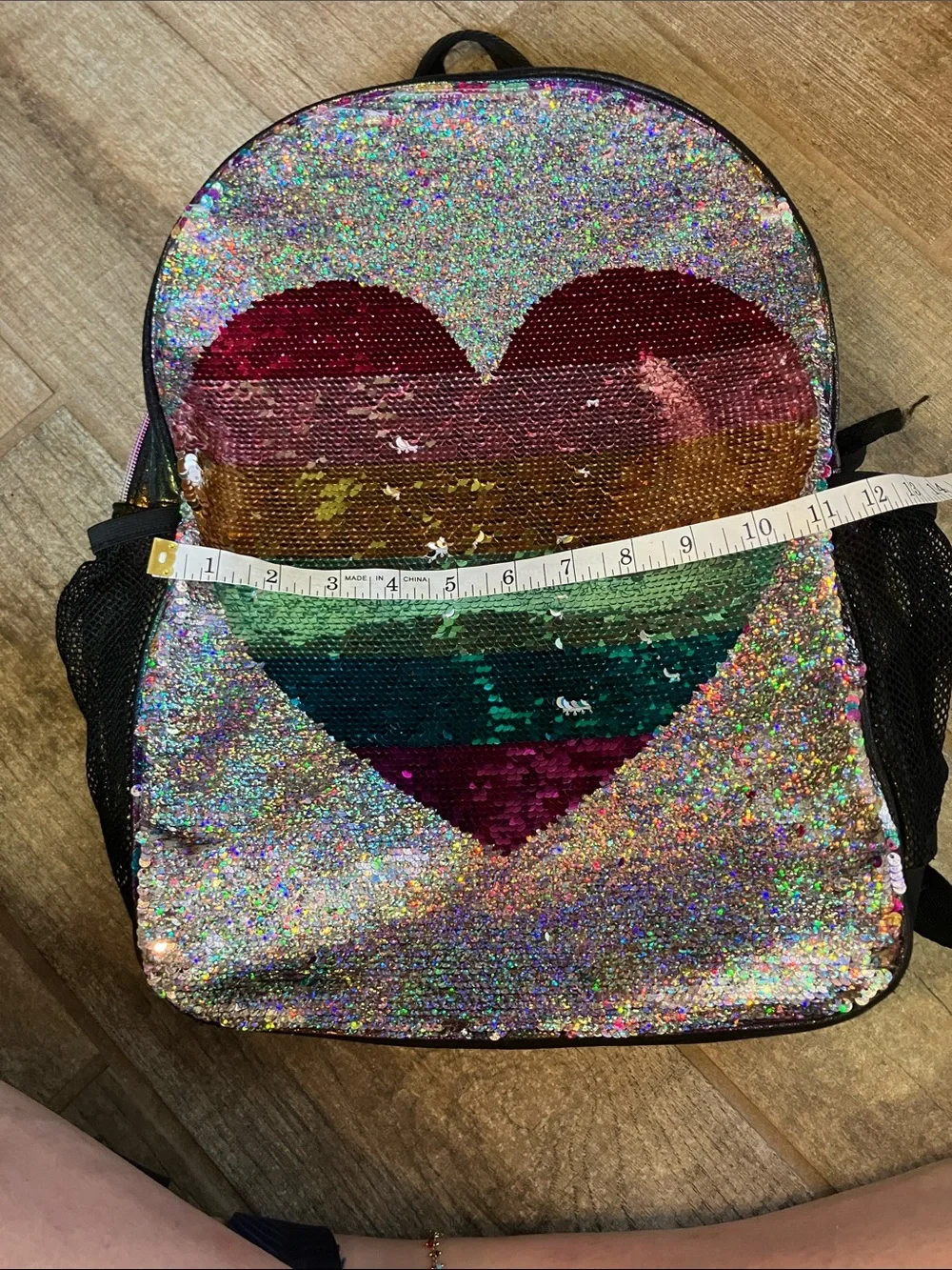 The Children's Place Full Size  Silver Flip Sequin Backpack with Rainbow Heart